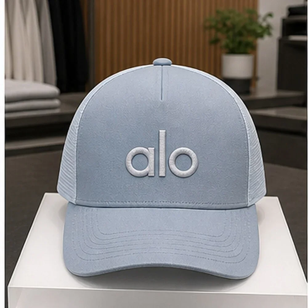 ALO Yoga Mist Blue Gray Gym Mesh Trucker Cap Hat Activewear